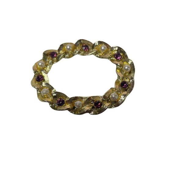 Vintage Signed Gerrys Brooch Pin Gold Tone Purple Rhinestone Faux Pearl Oval - Picture 1 of 5